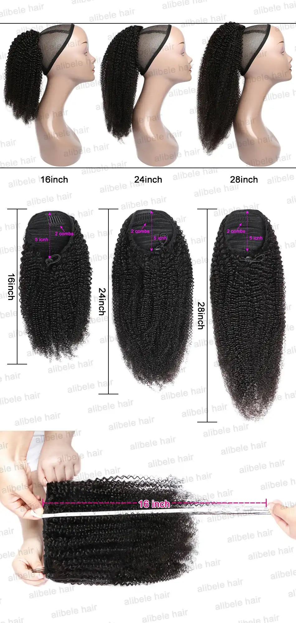 Alibele Mogolian Afro Kinky Curly Drawstring Ponytail Human Hair Extensions 4B 4C Remy 10-28inch Long Clip In Ponytail Extension