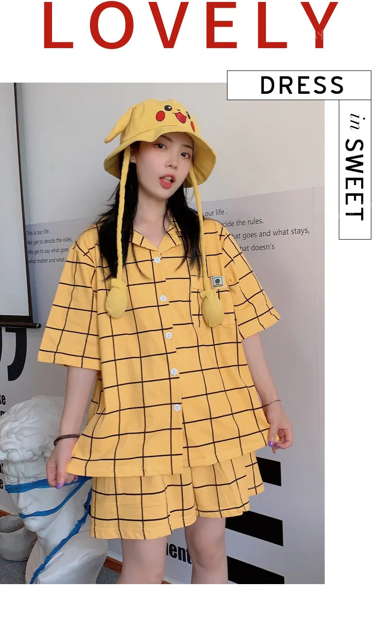 Women's Pyjamas Cute Lattice Print Pajama Sets Summer Casual Short Sleeve Couple Sleepwear Thin Cotton Home Maiden 2-piece Set