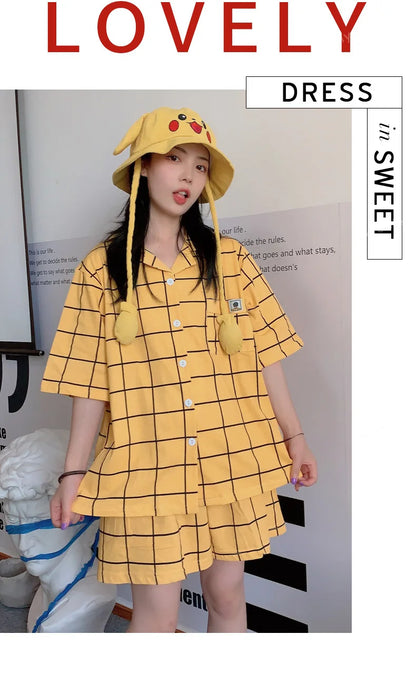 Women's Pyjamas Cute Lattice Print Pajama Sets Summer Casual Short Sleeve Couple Sleepwear Thin Cotton Home Maiden 2-piece Set