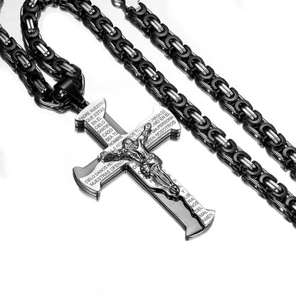 Jesus Crucifixion Cross Pendant Necklace For Men Women Gold Silver Black Color Stainless Steel Byzanine Chain Silver Black