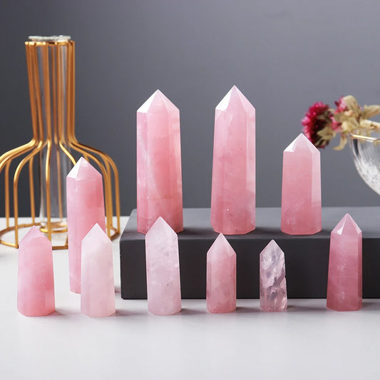 Natural Pink Crystal Point Rose Quartz Crystal hexagonal prism ornament magic wand Healing Gemstone Crystal Tower Badiee Stylez