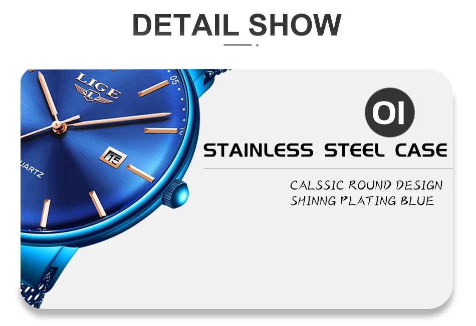 LIGE Fashion Luxury Womens Watch Ultra-thin Steel Mesh Strap Quartz Wristwatch Women Clock Casual Waterproof Watches Reloj Mujer