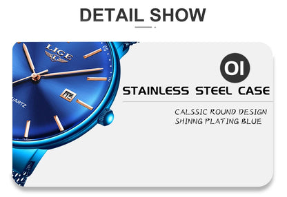 LIGE Fashion Luxury Womens Watch Ultra-thin Steel Mesh Strap Quartz Wristwatch Women Clock Casual Waterproof Watches Reloj Mujer