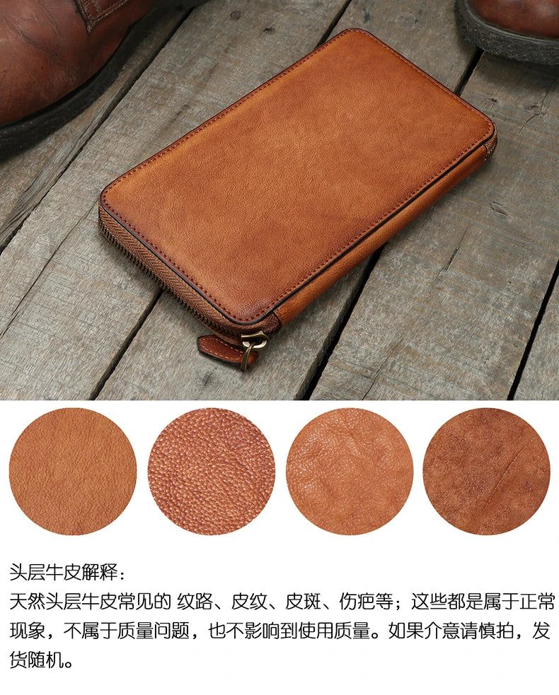 Vintage Genuine leather wallet Men leather long wallet men purse clutch bag male money clips zip around money bag card holder