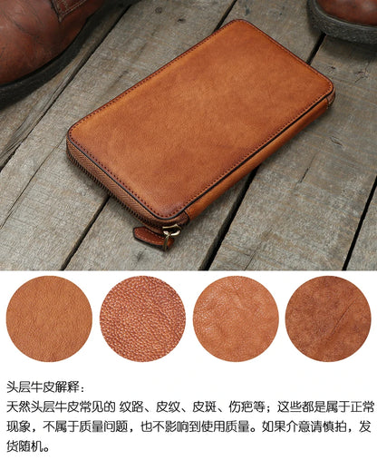 Vintage Genuine leather wallet Men leather long wallet men purse clutch bag male money clips zip around money bag card holder