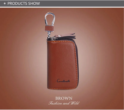 CONTACT'S Classic New Double Zip Men's Genuine Cow Leather Car Key Holder Multifunction Housekeeper High Class Motor Key Case