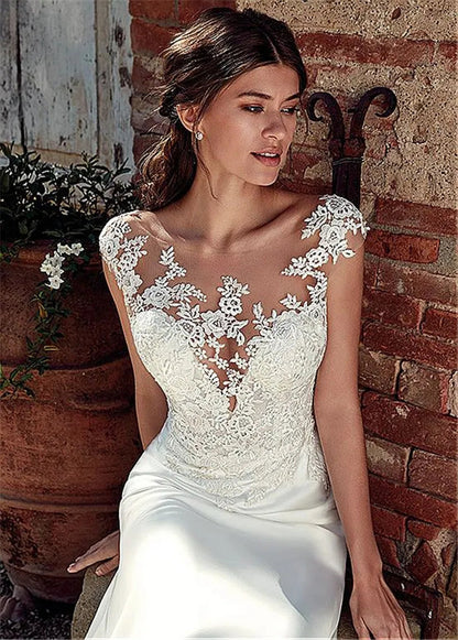 Customized Scoop Short Sleeve Lace Appliques Mermaid Wedding Dresses Natural Slim Buttons Back Women Bride Gown Illusion Vestido Badiee Stylez