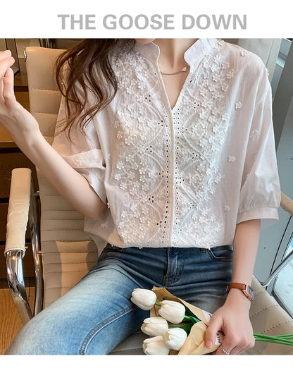 Summer Floral Embroidery Lace Blouse Fashion Women V Neck Casual Shirt Chic Short Sleeve Hollow Out Tops Elegant Blusas 24350