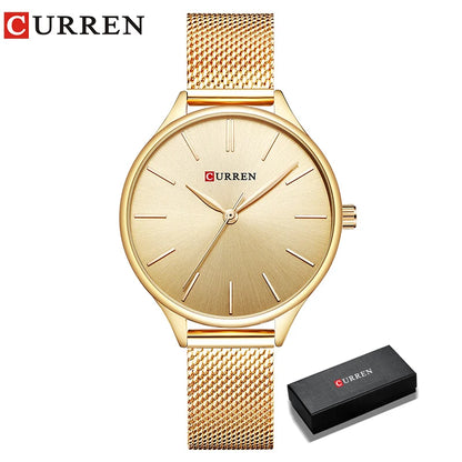 CURREN Original Women's Luxury Watch Matte Dial Japanese Quartz Movement Stainless Steel Mesh Strap with Box gold box