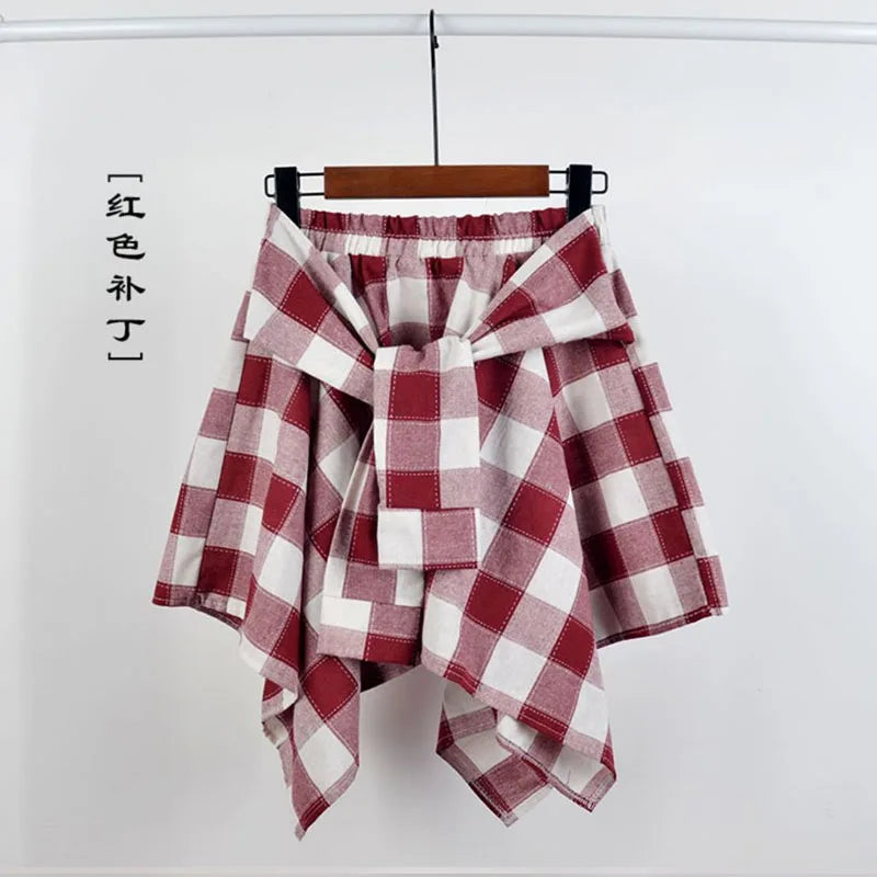 TOTRUST Fashion College Asymmetrical Skirt Women Summer Plaid Skirt Women Casual Students Fake Shirt Mini Skirt Female Saia 6 One Size