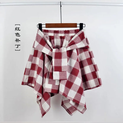 TOTRUST Fashion College Asymmetrical Skirt Women Summer Plaid Skirt Women Casual Students Fake Shirt Mini Skirt Female Saia 6 One Size