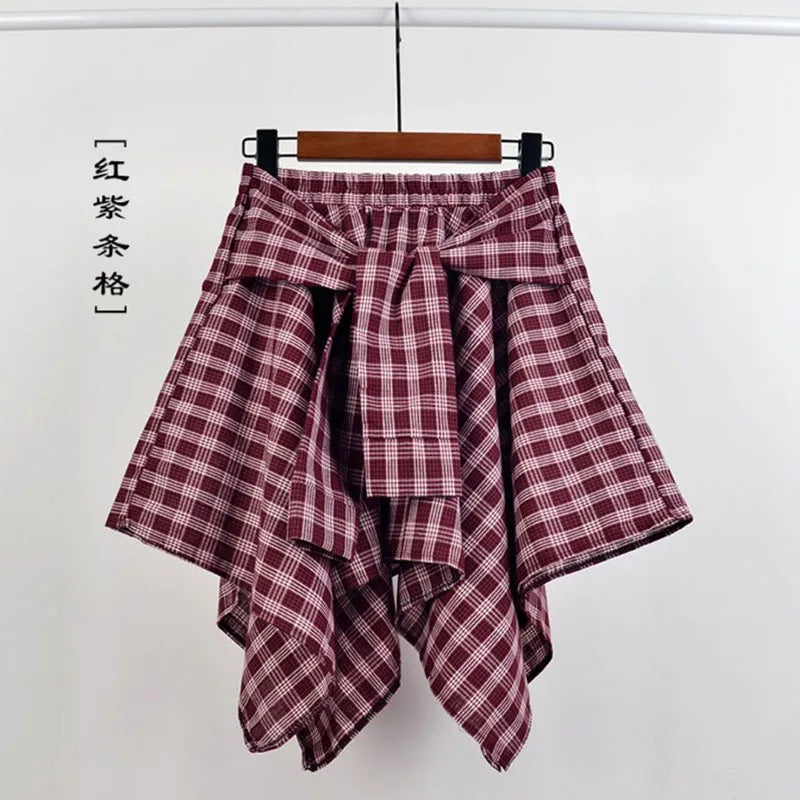 TOTRUST Fashion College Asymmetrical Skirt Women Summer Plaid Skirt Women Casual Students Fake Shirt Mini Skirt Female Saia 16 One Size