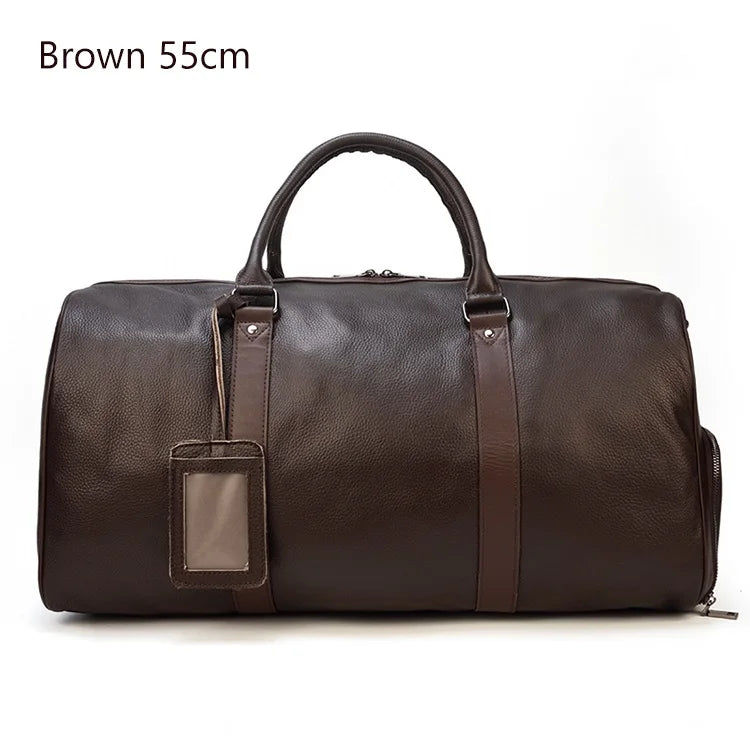 Luxury Genuine Leather Men Women Travel Bag Cow Leather Carry On Luggage Bag Travel Shoulder Bag Male Female Weekend Duffle Bag Brown(55cm)