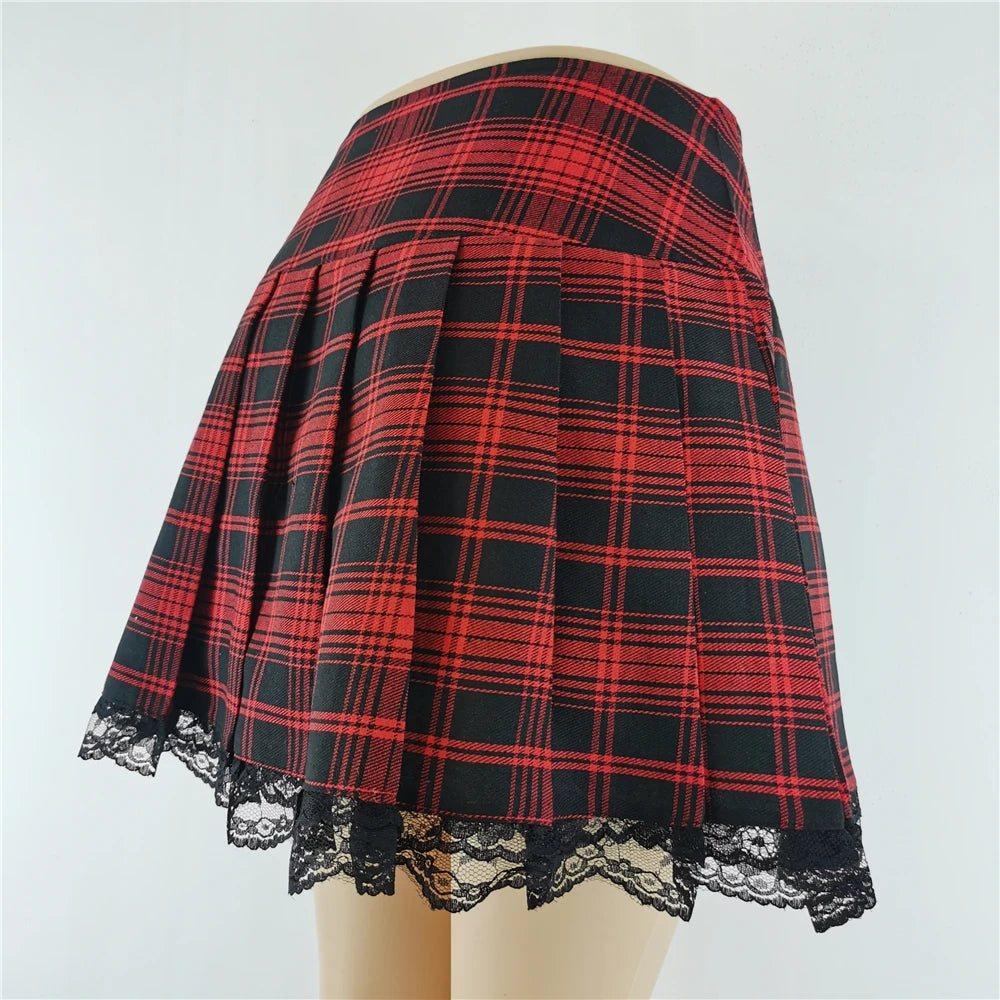 New Contrast Lace Plaid Pleated Skirt Vintage Sexy Skater Clothes Harajuku Gothic Punk England Style Y2k Skirt