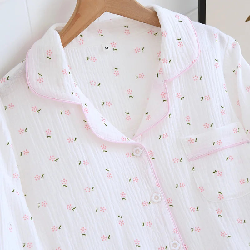 Fdfklak Spring Fall Full Sleeve Homewear Loose 2Pcs Pajama Set 100% Gauze Cotton Casual Print Sleeping Shirt Home Wear Clothes