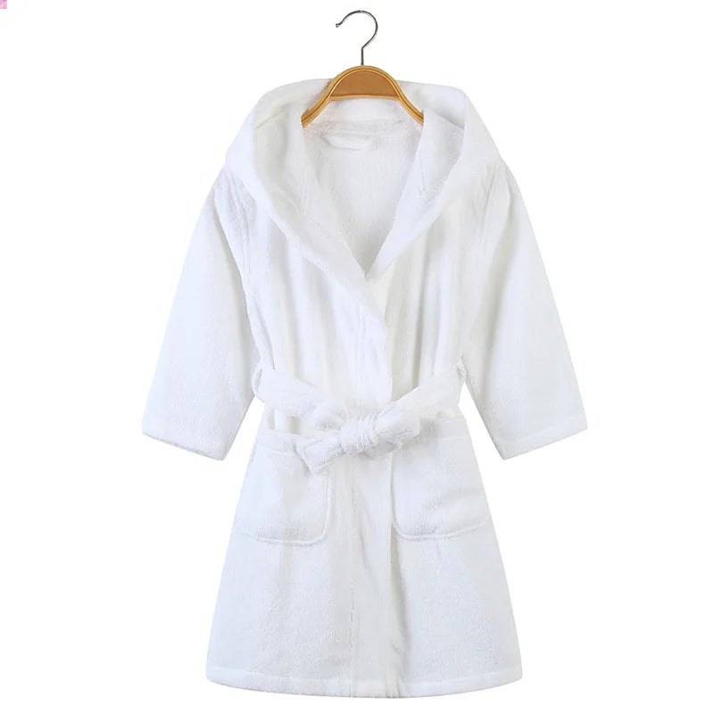 100% Cotton Toweling Terry Robe Kids Cartoon Robe Boy&Girls Hooded Robe Winter Warm Bathrobe Soft Sleeprobe Kids Casual Homewear white Hooded