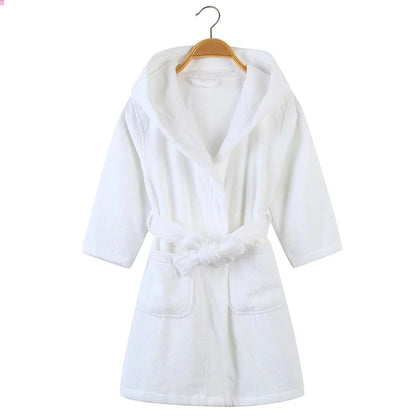 100% Cotton Toweling Terry Robe Kids Cartoon Robe Boy&Girls Hooded Robe Winter Warm Bathrobe Soft Sleeprobe Kids Casual Homewear white Hooded