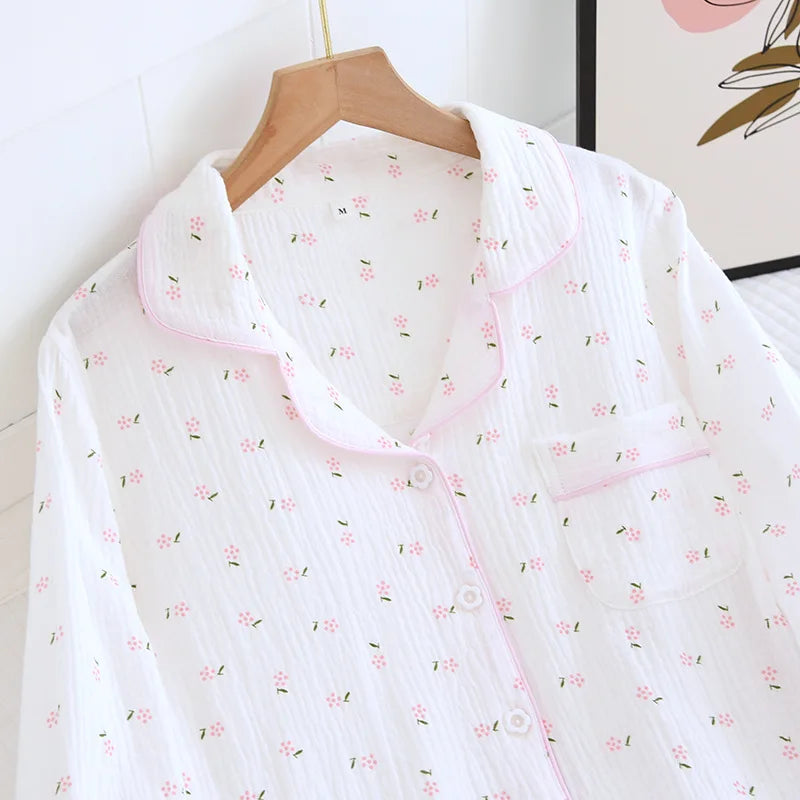 Fdfklak Spring Fall Full Sleeve Homewear Loose 2Pcs Pajama Set 100% Gauze Cotton Casual Print Sleeping Shirt Home Wear Clothes