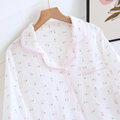 Fdfklak Spring Fall Full Sleeve Homewear Loose 2Pcs Pajama Set 100% Gauze Cotton Casual Print Sleeping Shirt Home Wear Clothes