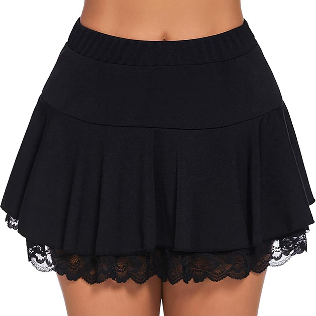 Women's Pleated Mini Skirt High Elastic Waist Lace Ruffles Short Skirt Party Street Sports Flared A-Line Skirts Solid Color