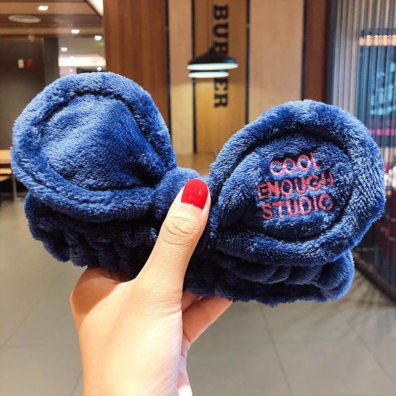 Wash Face Hair Holder Hairbands Soft Warm Coral Fleece Bow Animal Ears Headband For Women Girls Turban Fashion Hair Accessories navy blue bow