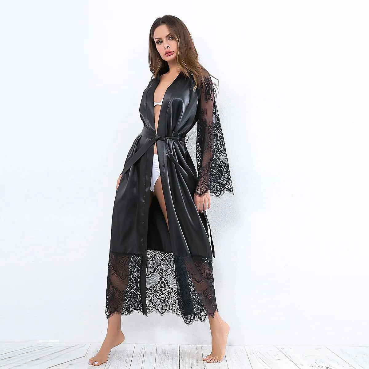 HNMCHIEF Women Pajamas Coat Robe Silky Women Floral Bathrobe Kimono Lace Sleep Robe Long Wedding Bridesmaid Silk Bride Summer