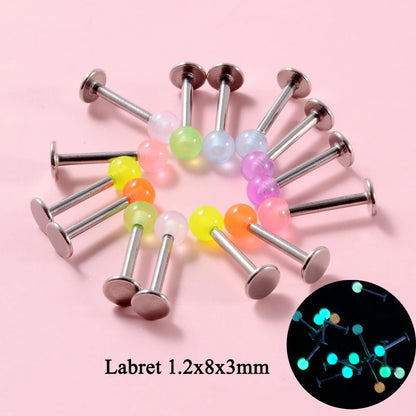 10/14pcs/Set Luminous Surgical Steel Tongue BCR Navel Belly Ring Acrylic Glow in the Dark Ball Labret Stud Body Piercing Jewelry 14PCS Labret CHINA