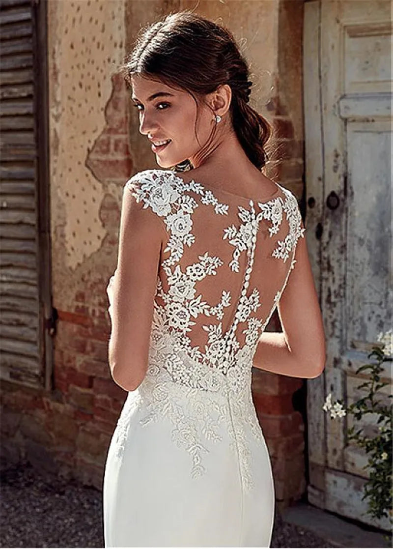 Customized Scoop Short Sleeve Lace Appliques Mermaid Wedding Dresses Natural Slim Buttons Back Women Bride Gown Illusion Vestido Badiee Stylez