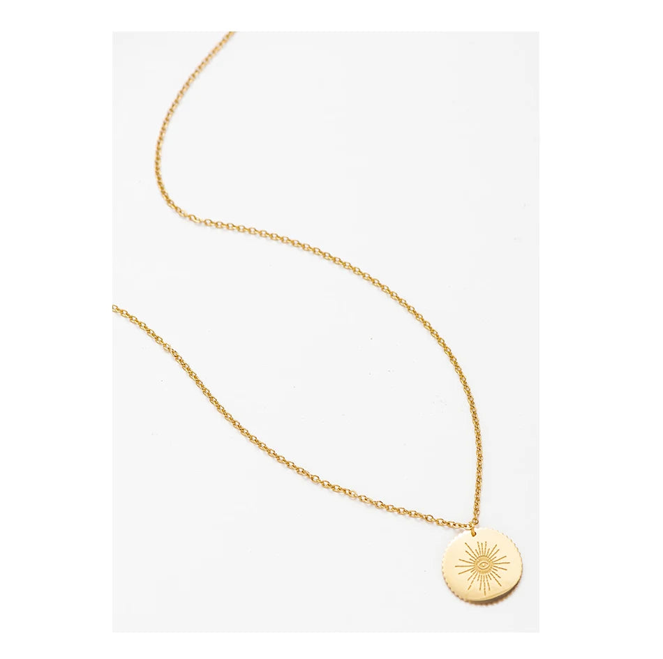 Gold Plated New Women Stainless Steel Necklace Round Disc Pendant With Eyes Pattern Clavicle Necklace Wedding Jewelry Wholesale