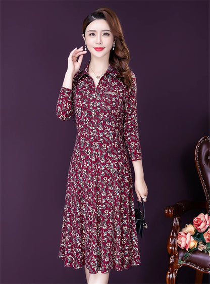 JiuMeiDai-Women's Elegant A-Line Polo Dress, Floral Print Robe, Vintage Designer Party Clothing, Office Lady, Autumn Badiee Stylez