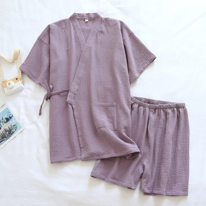 Summer Japanese Couples Pajamas Thin Cotton Gauze Crepe Short Sleeve Shorts Kimono Men and Women Home Clothes 2 Piece Sleepwear Women Purple