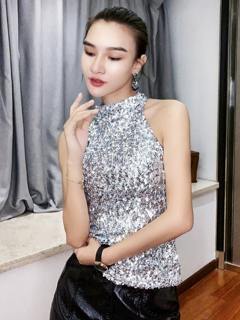 Sequins Women Fashion Shimmer Flashy Embellished High Quality Halter Neck Sleeveless Vest Sexy Tank Top Clubwear Stage Perform