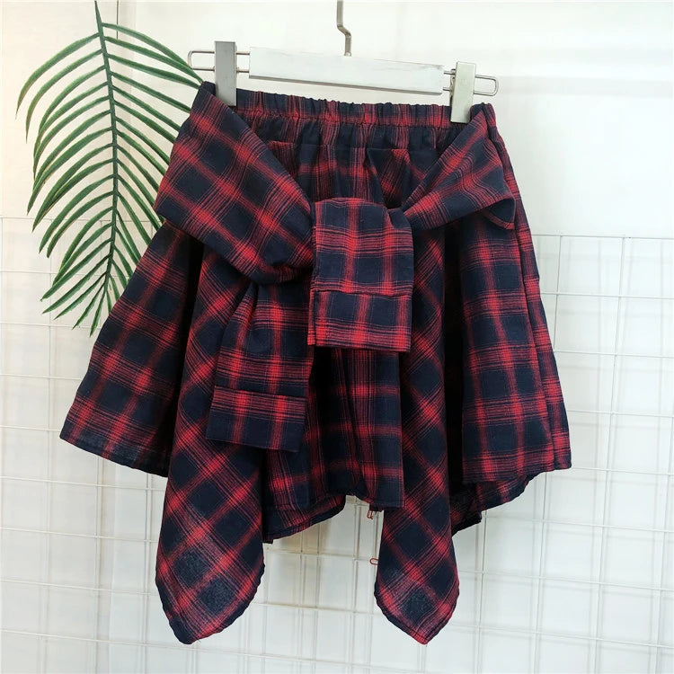 TOTRUST Fashion College Asymmetrical Skirt Women Summer Plaid Skirt Women Casual Students Fake Shirt Mini Skirt Female Saia
