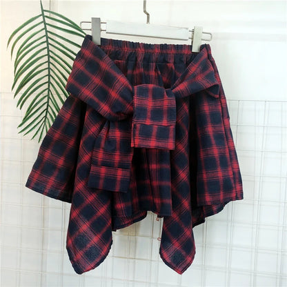 TOTRUST Fashion College Asymmetrical Skirt Women Summer Plaid Skirt Women Casual Students Fake Shirt Mini Skirt Female Saia