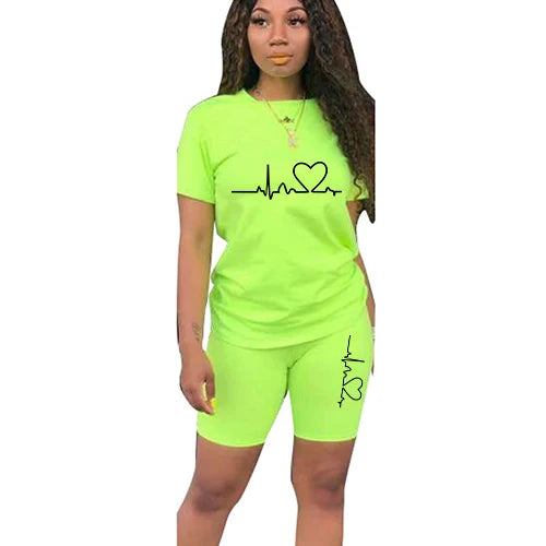 Summer Women Two Piece Set Sportswear T-Shirts and Shorts Ladies Casual O-Neck Pullover Short Sleeve T-Shirt Casual Tracksuit green