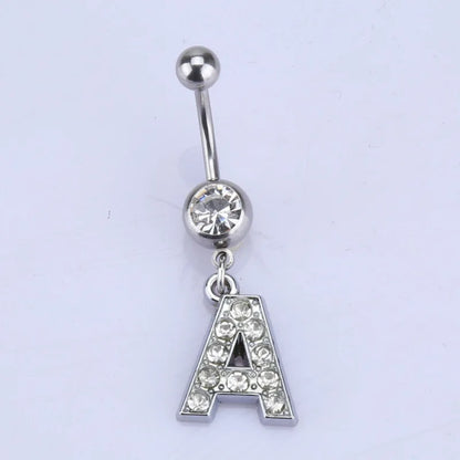 1Pc Letter Belly Button Ring Rhinestone Alphabet Pendant Navel Body Piercing Jewelry Silver Colour Nombril Piercing Gift Women A