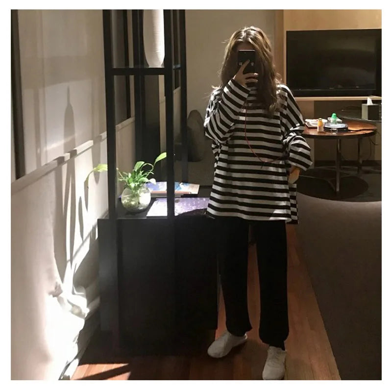spring Autumn Women harajuku Striped Tshirt Long Sleeve O-Neck T-Shirts ulzzang Korean Casual T Shirt Femme black Tops