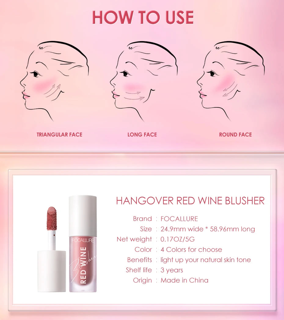 FOCALLURE Liquid Blusher 4 Colour Natual Makeup Face Blush Long-lasting Matte Make Up Hangover Red Wine Blush korean Makeup