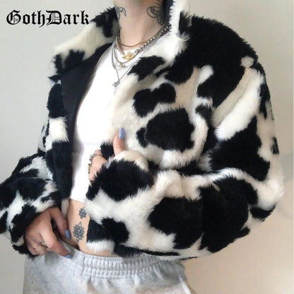 Goth Dark Punk Style Gothic Crop Faux Fur Y2k Coats Fashion Color Block Long Sleeve Women Cardigan Jackets Warm Streetwear 2023