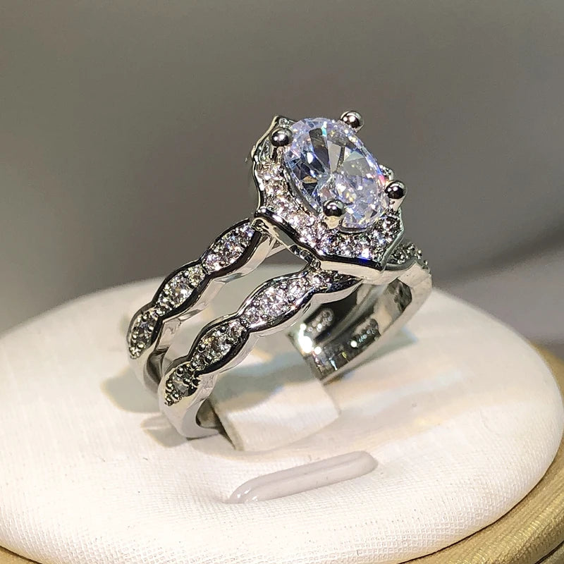 925 Silver New Arrival Four Claw Round Zircon Double Rings For Ladies Party Birthday Jewelry Gift