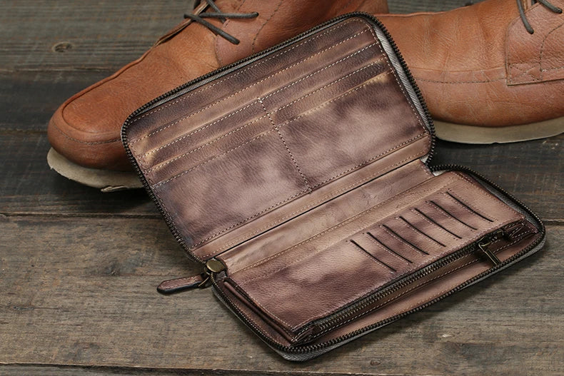 Vintage Genuine leather wallet Men leather long wallet men purse clutch bag male money clips zip around money bag card holder