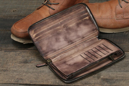 Vintage Genuine leather wallet Men leather long wallet men purse clutch bag male money clips zip around money bag card holder