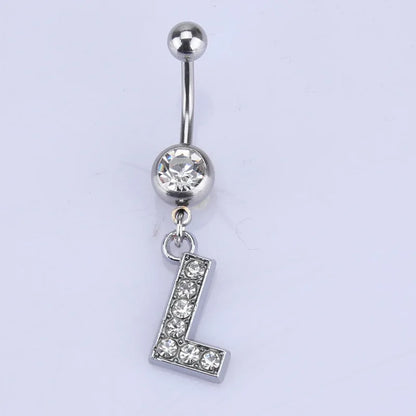 1Pc Letter Belly Button Ring Rhinestone Alphabet Pendant Navel Body Piercing Jewelry Silver Colour Nombril Piercing Gift Women L
