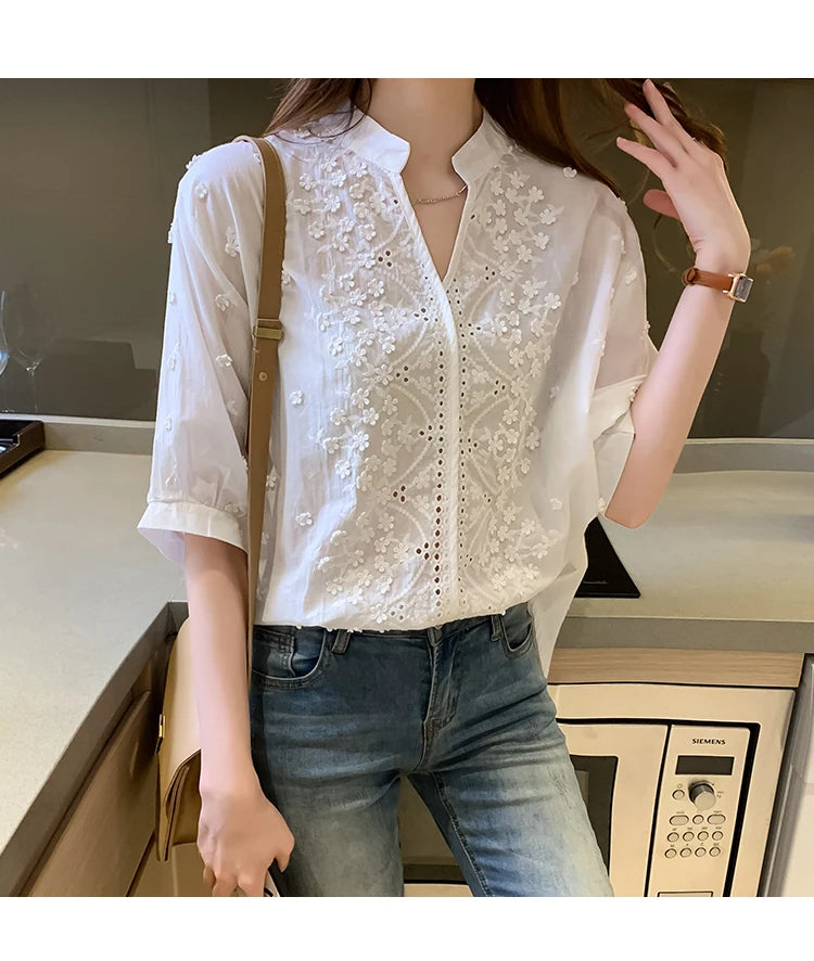 Summer Floral Embroidery Lace Blouse Fashion Women V Neck Casual Shirt Chic Short Sleeve Hollow Out Tops Elegant Blusas 24350