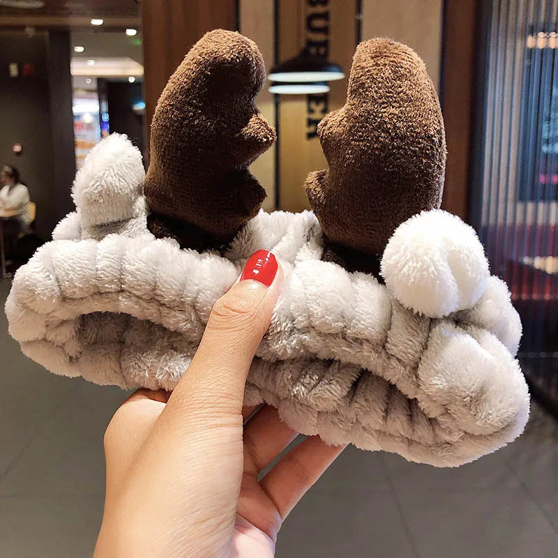 Wash Face Hair Holder Hairbands Soft Warm Coral Fleece Bow Animal Ears Headband For Women Girls Turban Fashion Hair Accessories gray antlers