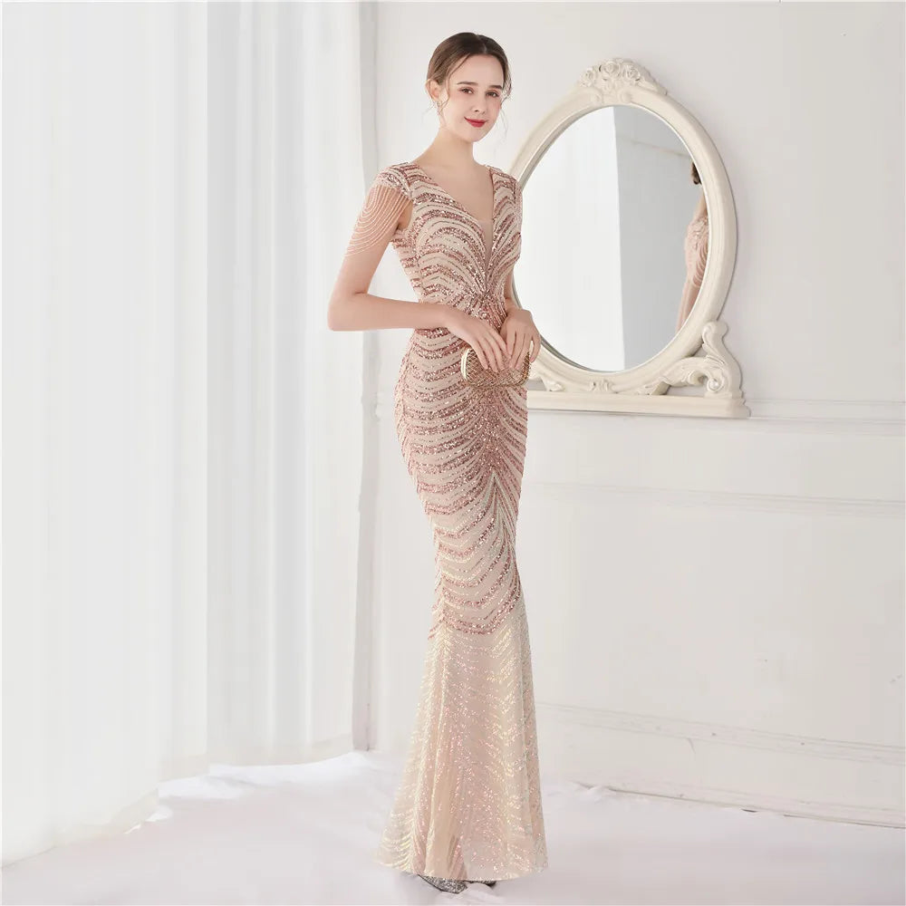 DEERVEADO Elegant V Neck Mermaid Evening Dress Long Luxury Beads Women Evening Party Dresses 2025 New Formal Dress 19085 Badiee Stylez