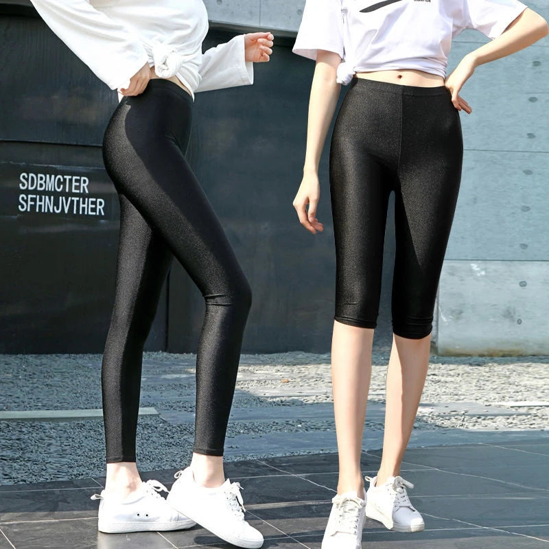 lady summer short pants women solid black shine breathable above knee short capris korean skinny neon pant