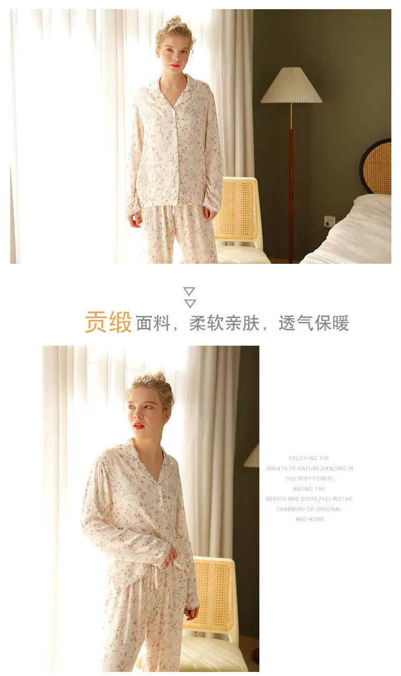 Pre-sale 2024 Spring Satin Pajamas Long Sleeve Viscose Sleepwear Willow Leaf Print Lounge Wear Two Piece Pijama Set Pijama Mujer