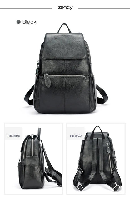 Zency Genuine Leather Women Backpack High Quality Large Capacity Travel Bag Knapsack Schoolbag Shoulder For Ladies Beige Black