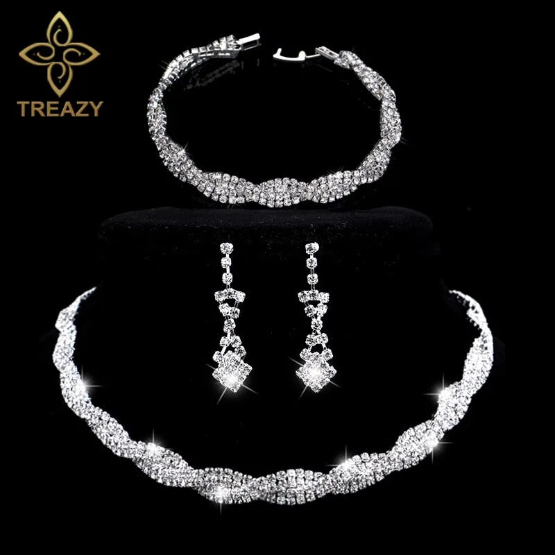 TREAZY Silver Color Rhinestone Crystal Bridal Jewelry Sets for Women Necklace Earrings Bracelet Set Wedding Jewelry Accessories style 4 Clear